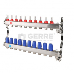 Коллектор из нержавеющей стали в сборе, 10 выходов, с расходомерами, дренажным краном и воздухоотводчиком 