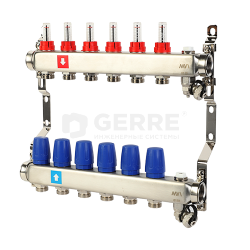Коллектор из нержавеющей стали в сборе, 6 выходов, с расходомерами, дренажным краном и воздухоотводчиком 