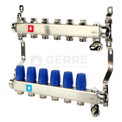 Коллектор из нержавеющей стали в сборе, 6 выходов, без расходомеров, c дренажным краном и воздухоотводчиком 