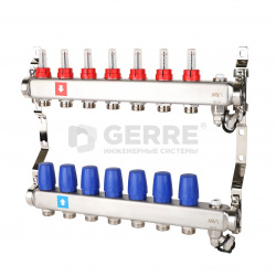 Коллектор из нержавеющей стали в сборе, 7 выходов, с расходомерами, дренажным краном и воздухоотводчиком 