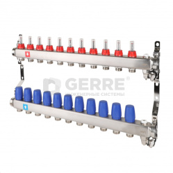 Коллектор из нержавеющей стали в сборе, 11 выходов, с расходомерами, дренажным краном и воздухоотводчиком 