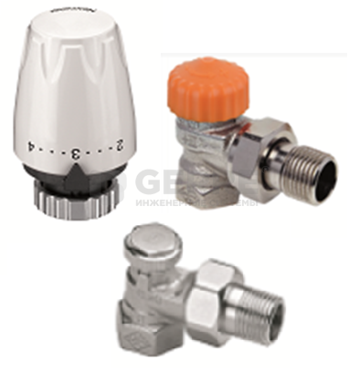 Комплект - термостатический клапан с автоматическим ограничителем расхода Eclipse, угловой, Dn 15, запорно-регулирующий клапан Regutec, угловой Dn 15 и термостатическая головка серии DX Комплекты термостатического оборудования Heimeier (Германия)