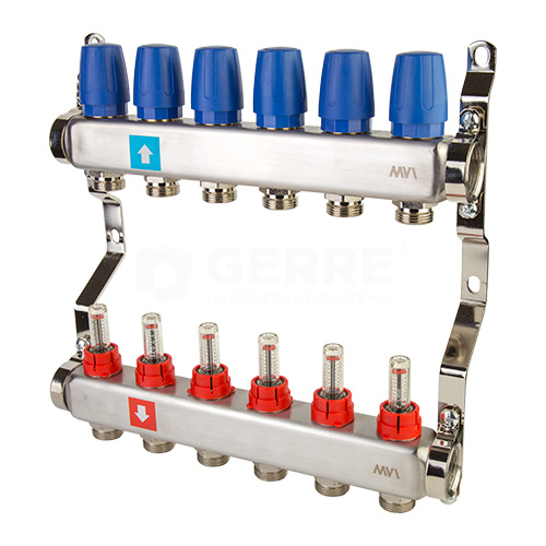 Коллектор из нержавеющей стали в сборе с расходомерами, 6 выходов Запорная арматура MVI