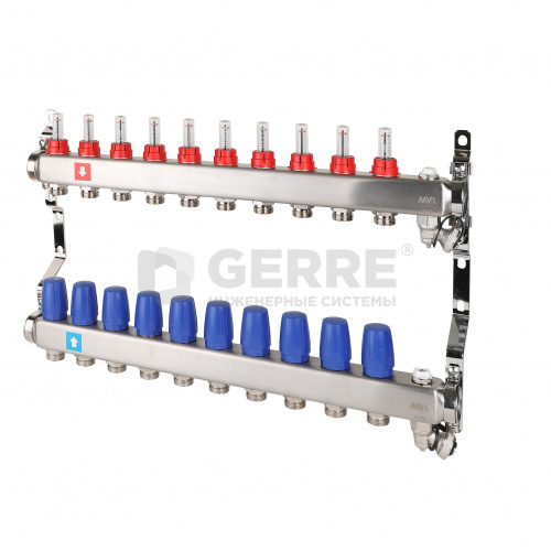 Коллектор из нержавеющей стали в сборе, 10 выходов, с расходомерами, дренажным краном и воздухоотводчиком Запорная арматура MVI