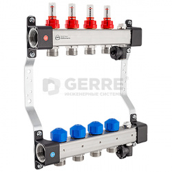 Коллекторная группа InoxFlow на 4 отвода (серия UFST MAX) с вентилями для сервоприводов и расходомерами 