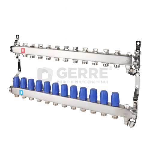 Коллектор из нержавеющей стали в сборе, 12 выходов, без расходомеров, c дренажным краном и воздухоотводчиком Запорная арматура MVI