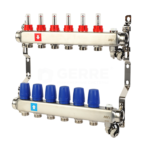 Коллектор из нержавеющей стали в сборе, 6 выходов, с расходомерами, дренажным краном и воздухоотводчиком Запорная арматура MVI