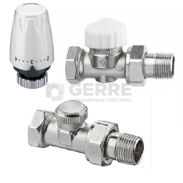 Комплект - термостатический клапан с предварительной настройкой Calypso Exact, прямой, Dn 15, термоголовка DX и запорно-регулирующий клапан Regutec F, прямой Dn 15 Комплекты термостатического оборудования Heimeier (Германия)