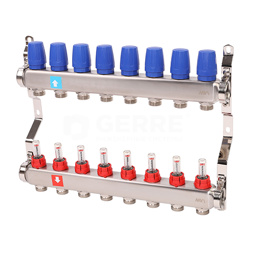 Коллектор из нержавеющей стали в сборе с расходомерами, 8 выходов Запорная арматура MVI