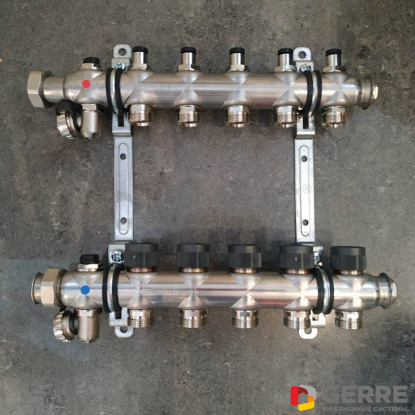 Гребенка из нержавеющей стали "Multidis SF" на 3 контура, с вентильными вставками Распределительные гребенки Multidis