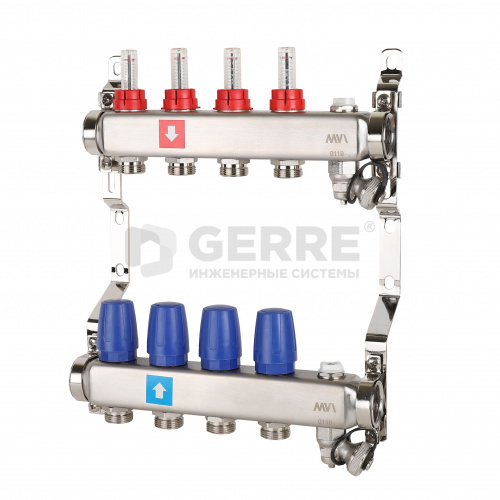 Коллектор из нержавеющей стали в сборе, 4 выхода, с расходомерами, дренажным краном и воздухоотводчиком Запорная арматура MVI