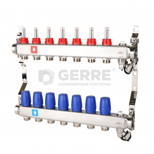 Коллектор из нержавеющей стали в сборе, 7 выходов, с расходомерами, дренажным краном и воздухоотводчиком Запорная арматура MVI