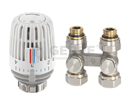 Комплект - арматура для нижнего подключения с преднастройкой Vekotec, латунь, прямая, 1/2"*3/4" и термостатическая головка серии K Комплекты термостатического оборудования Heimeier (Германия)