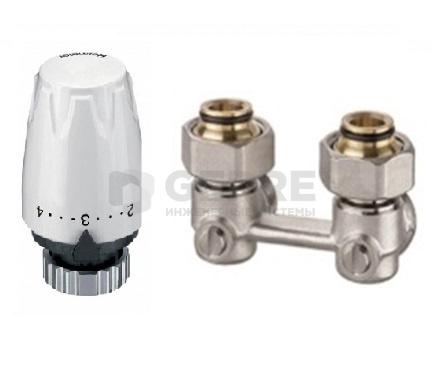 Комплект - арматура для нижнего подключения Vekotrim, латунь, угловая, 1/2"*3/4" и термоголовка DX Комплекты термостатического оборудования Heimeier (Германия)