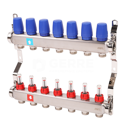 Коллектор из нержавеющей стали в сборе с расходомерами, 7 выходов Запорная арматура MVI