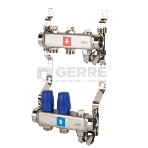 Коллектор из нержавеющей стали в сборе, 2 выхода, без расходомеров, c дренажным краном и воздухоотводчиком Запорная арматура MVI