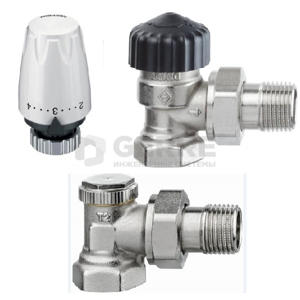 Комплект без преднастройки - угловой термостатический вентиль Heimeier Calypso (латунь) Dn 20, термоголовка DX и угловой запорно-регулирующий клапан Regutec F, Dn 20 Комплекты термостатического оборудования Heimeier (Германия)