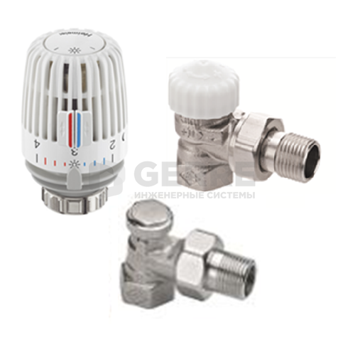 Комплект - термостатический клапан с предварительной настройкой V-Exact II, угловой, Dn 20, запорно-регулирующий клапан Regutec, угловой, Dn 20 и термостатическая головка серии K Комплекты термостатического оборудования Heimeier (Германия)
