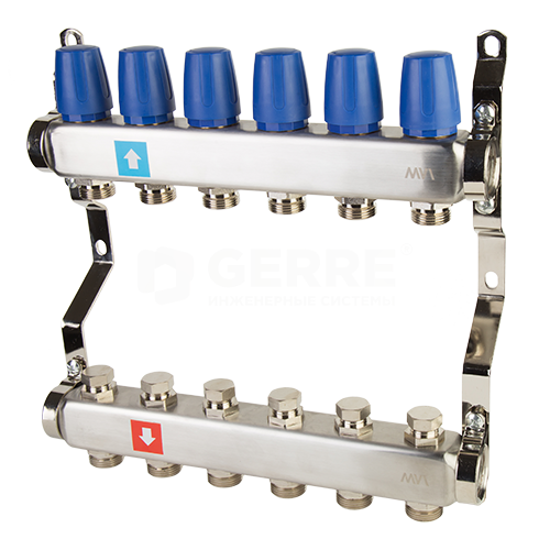 Коллектор из нержавеющей стали в сборе без расходомеров, 6 выходов Запорная арматура MVI