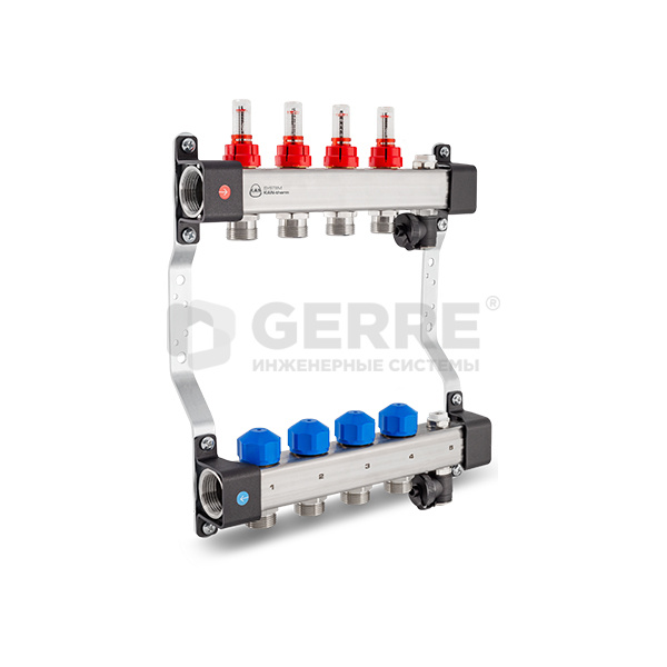 Коллекторная группа InoxFlow на 10 отводов с вентилями для сервоприводов и расходомерами (серия UFST) Коллекторные группы KAN-therm