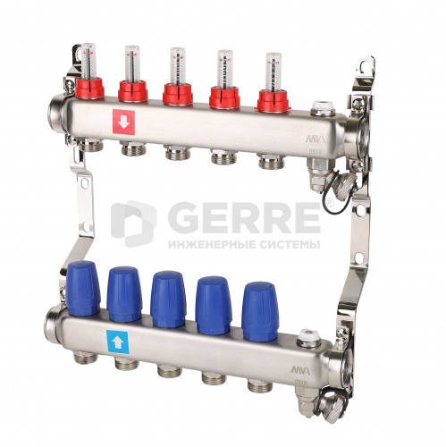 Коллектор из нержавеющей стали в сборе, 5 выходов, с расходомерами, дренажным краном и воздухоотводчиком Запорная арматура MVI