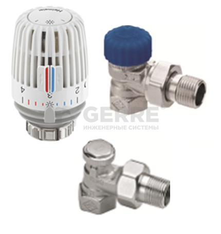 Комплект термостатического оборудования - термостатический клапан Gravity, угловой, Dn 20, бронза, запорно-регулирующий клапан Regutec, угловой, Dn 20 и термостатическая головка серии K Комплекты термостатического оборудования Heimeier (Германия)