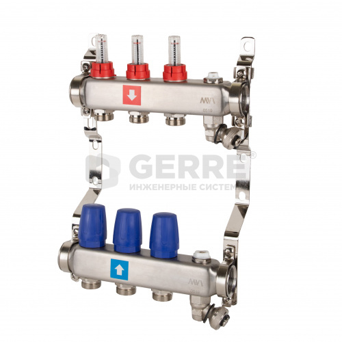 Коллектор из нержавеющей стали в сборе, 3 выхода, с расходомерами, дренажным краном и воздухоотводчиком Запорная арматура MVI